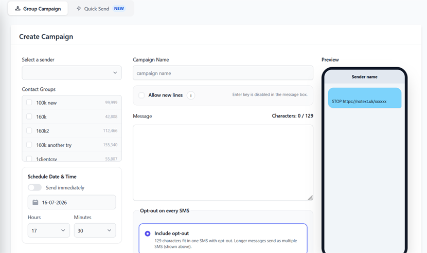 Send SMS — composer with live preview