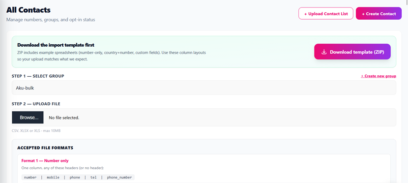 Contacts — Upload Contact List (pick a group first)