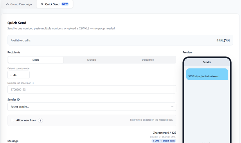 Quick Send — single number, pasted list, or file